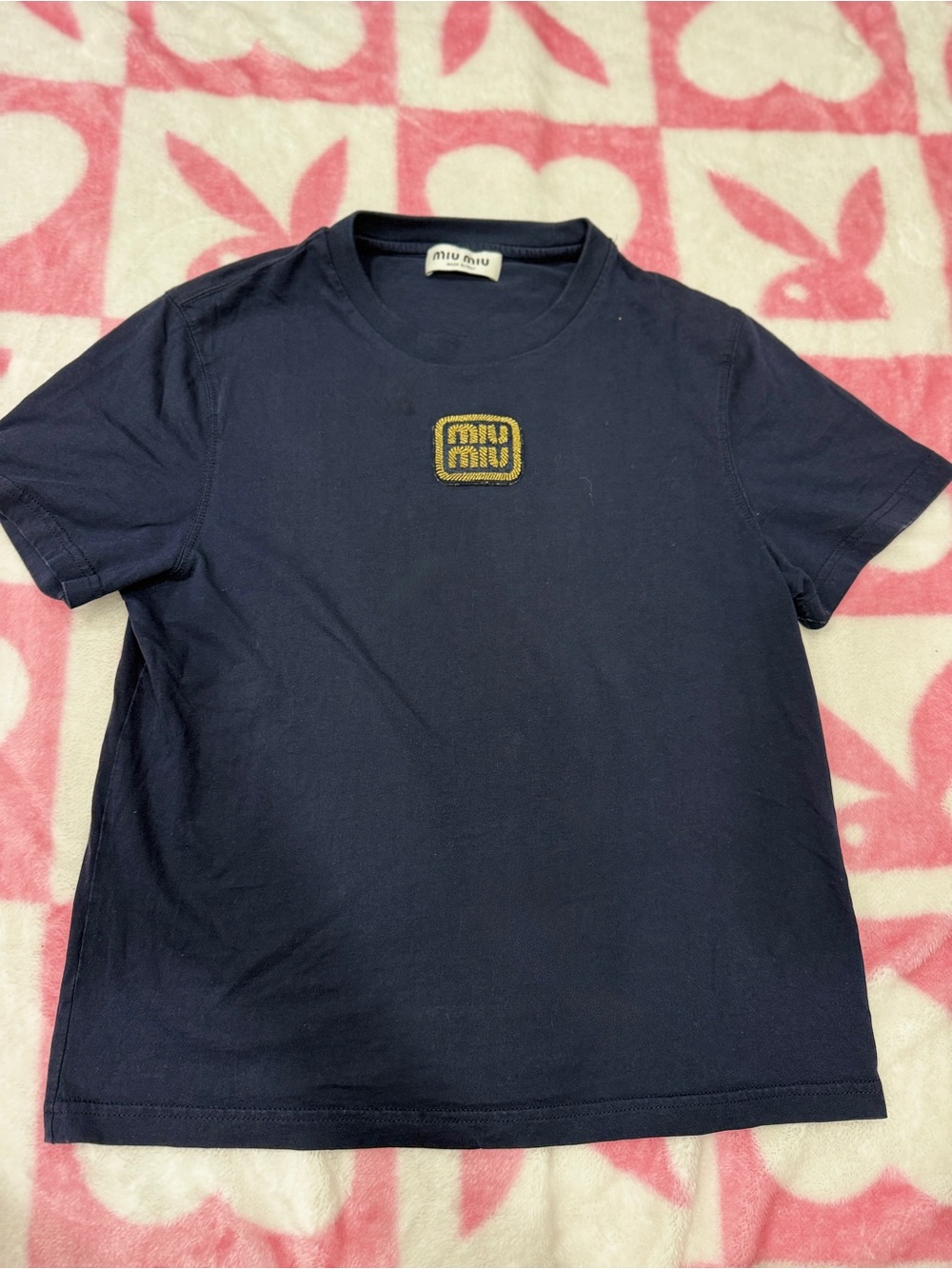 Miu Miu' Navy Gold Logo Patch T-Shirt